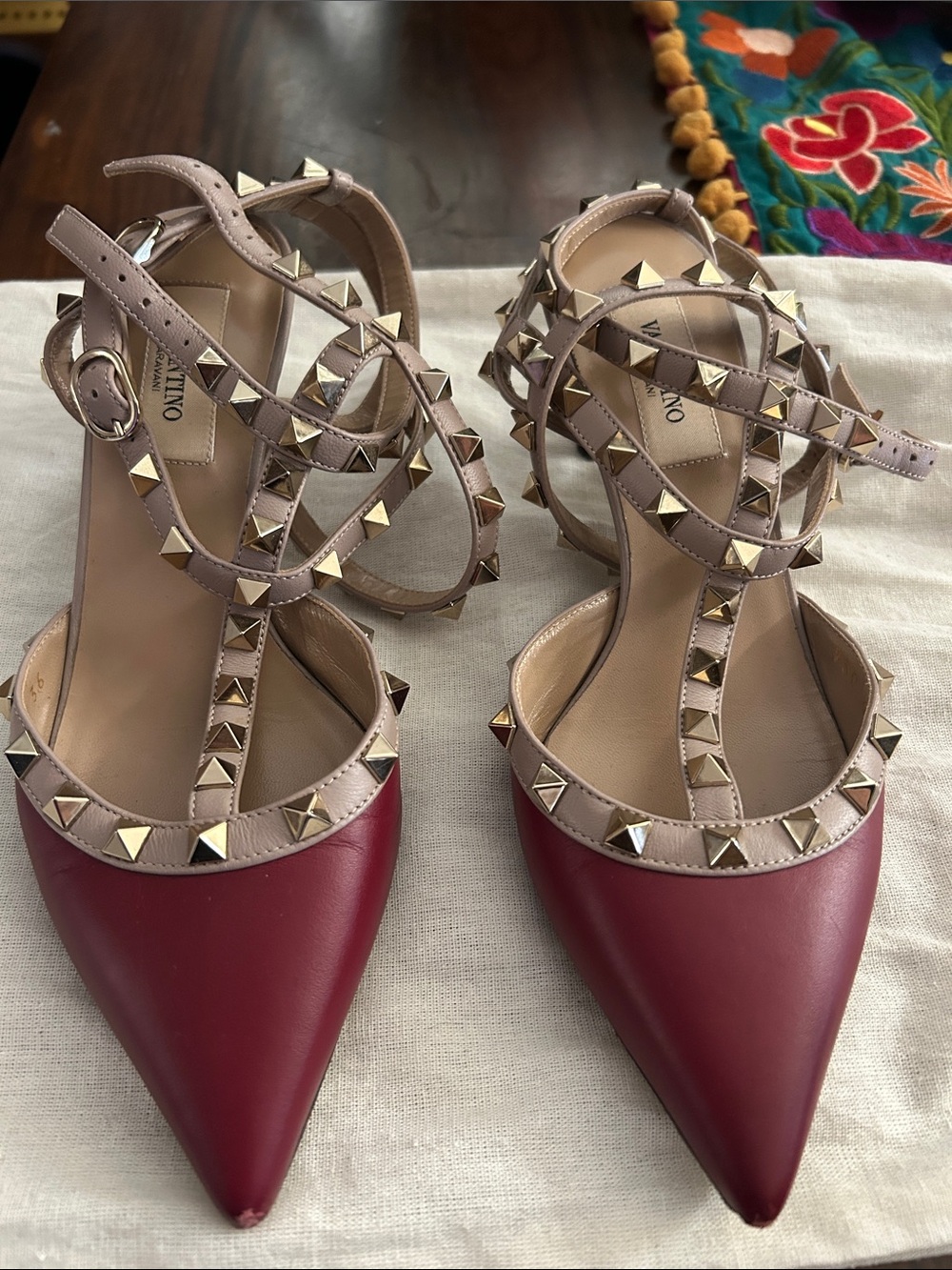 Valentino Garavani Red Pointed Leather Heels with Nude Rockstud Straps